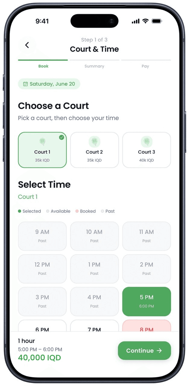 Suli Padel app — choose a court and time slot