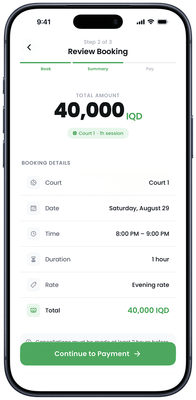 Suli Padel app — review booking before payment